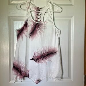 Racerback Tank Feather Print Lace Up Top, Women’s M, White Pink Purple